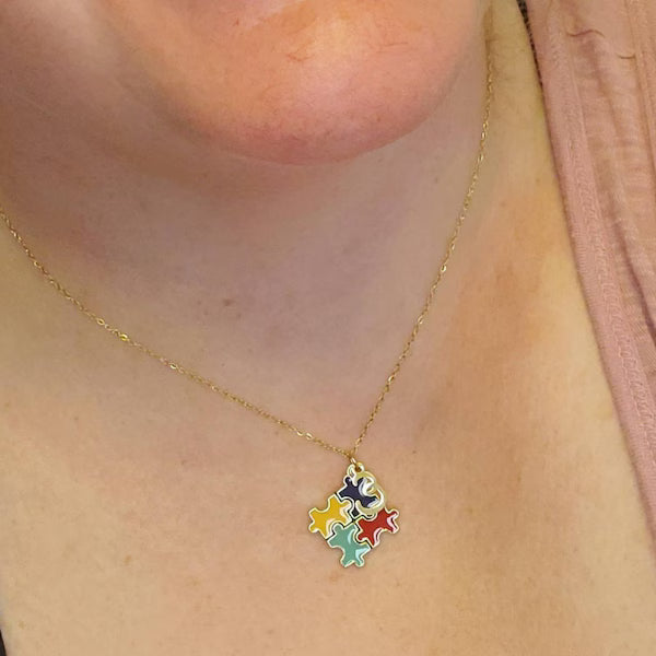 Autism Awareness Puzzle Necklace With Gold Initial Charm