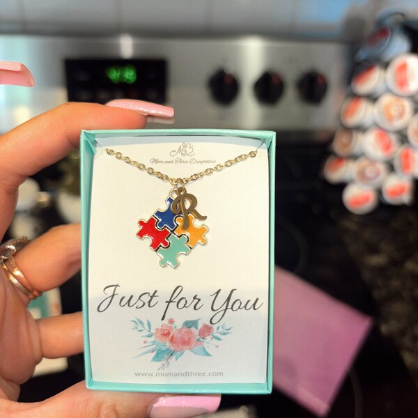 Autism Awareness Puzzle Necklace With Gold Initial Charm