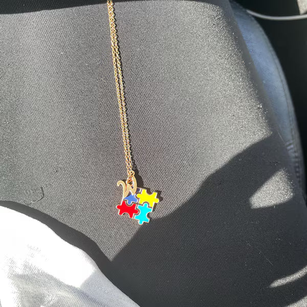 Autism Awareness Puzzle Necklace With Gold Initial Charm