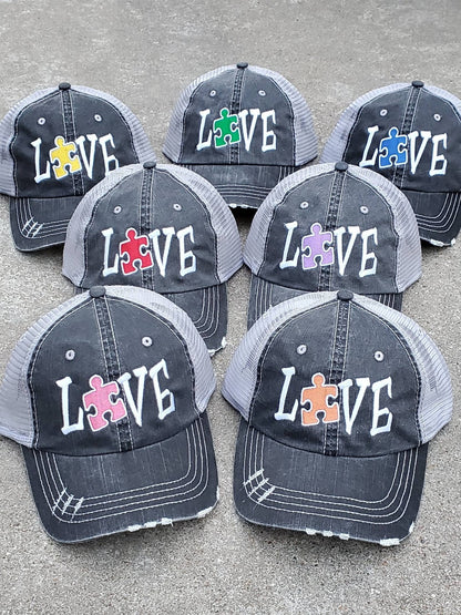 Autism Love Puzzle Piece Color Embroidered Cap