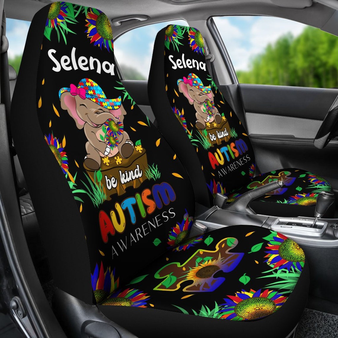 Personalized Autism Awareness Elephant Sunflower Black Car Seat Cover