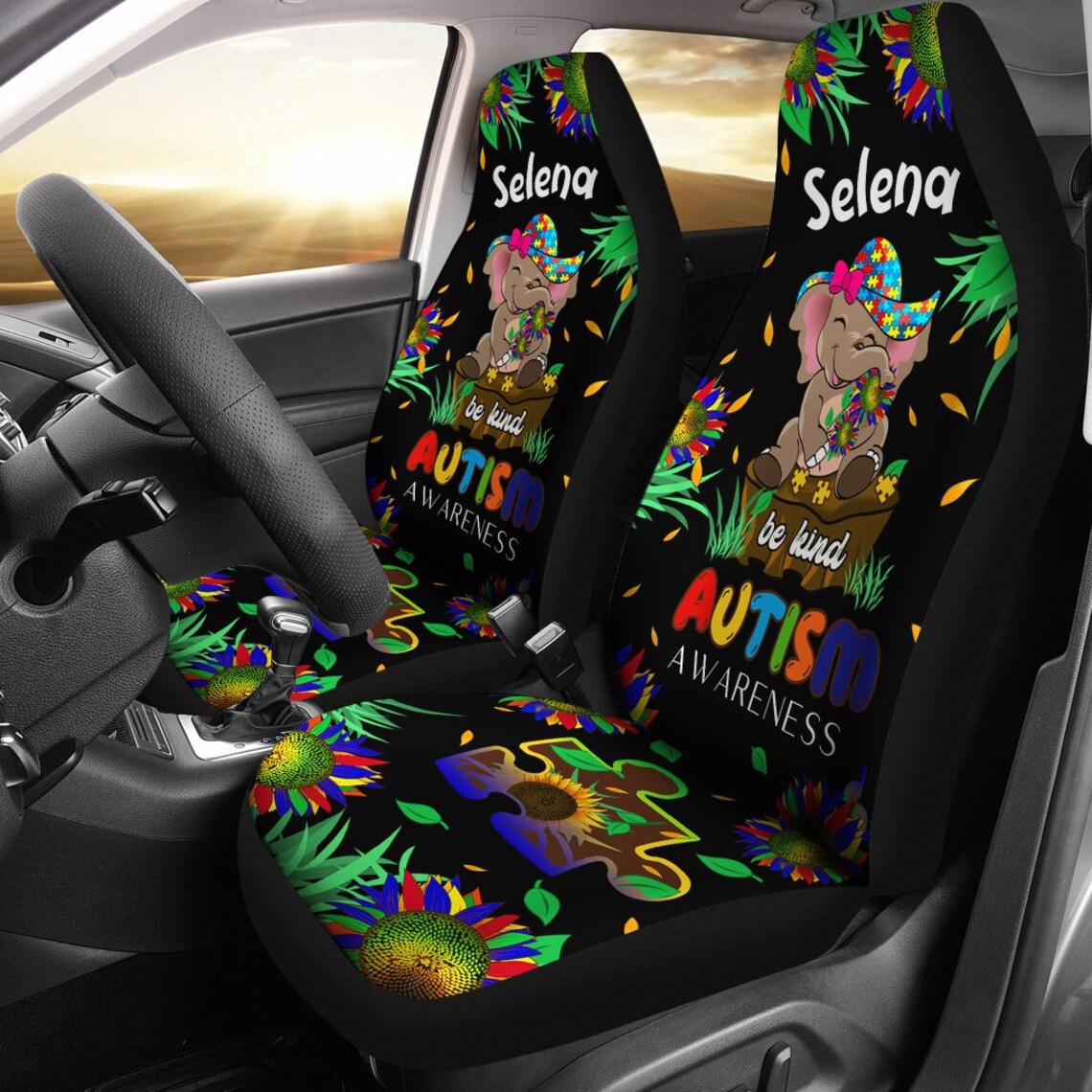 Personalized Autism Awareness Elephant Sunflower Black Car Seat Cover