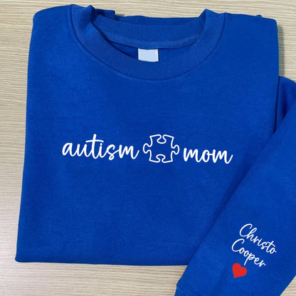 Embroidered Autism Mom, I Wear My Heart On My Sleeve Sweatshirt with Kids Names