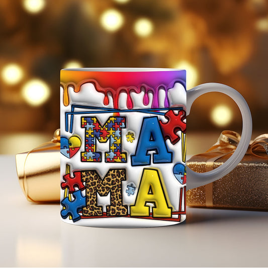 3D Mama Autism Inflated Mug Wrap, Heart Autism Puffy Mug Wrap