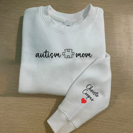 Embroidered Autism Mom, I Wear My Heart On My Sleeve Sweatshirt with Kids Names