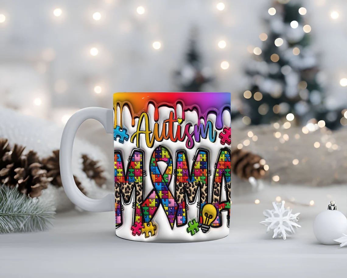 3D Mama Autism Inflated Mug Wrap, Heart Autism Puffy Mug Wrap