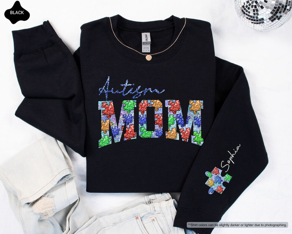 Personalized Autism Mom Sweatshirt, Hoodie With Child Name On Sleeve