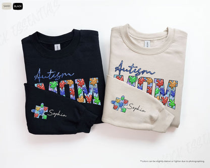 Personalized Autism Mom Sweatshirt, Hoodie With Child Name On Sleeve