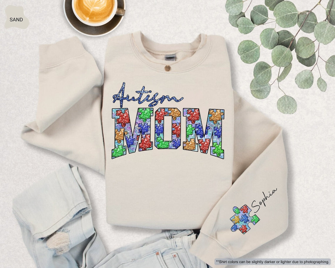 Personalized Autism Mom Sweatshirt, Hoodie With Child Name On Sleeve