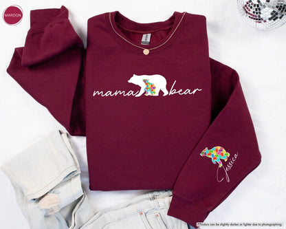 Embroidered Autism Mom, Autism Mama Bear Sweatshirt with Kids Names