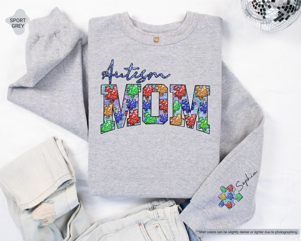 Personalized Autism Mom Sweatshirt, Hoodie With Child Name On Sleeve