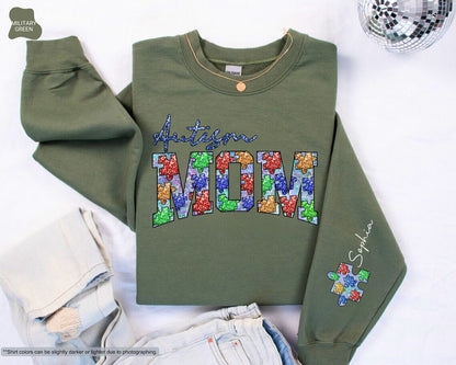 Personalized Autism Mom Sweatshirt, Hoodie With Child Name On Sleeve