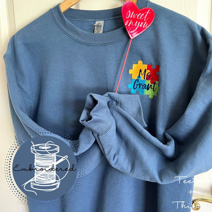 Embroidered Name Autism Support Sweatshirt Crewneck Long Sleeve