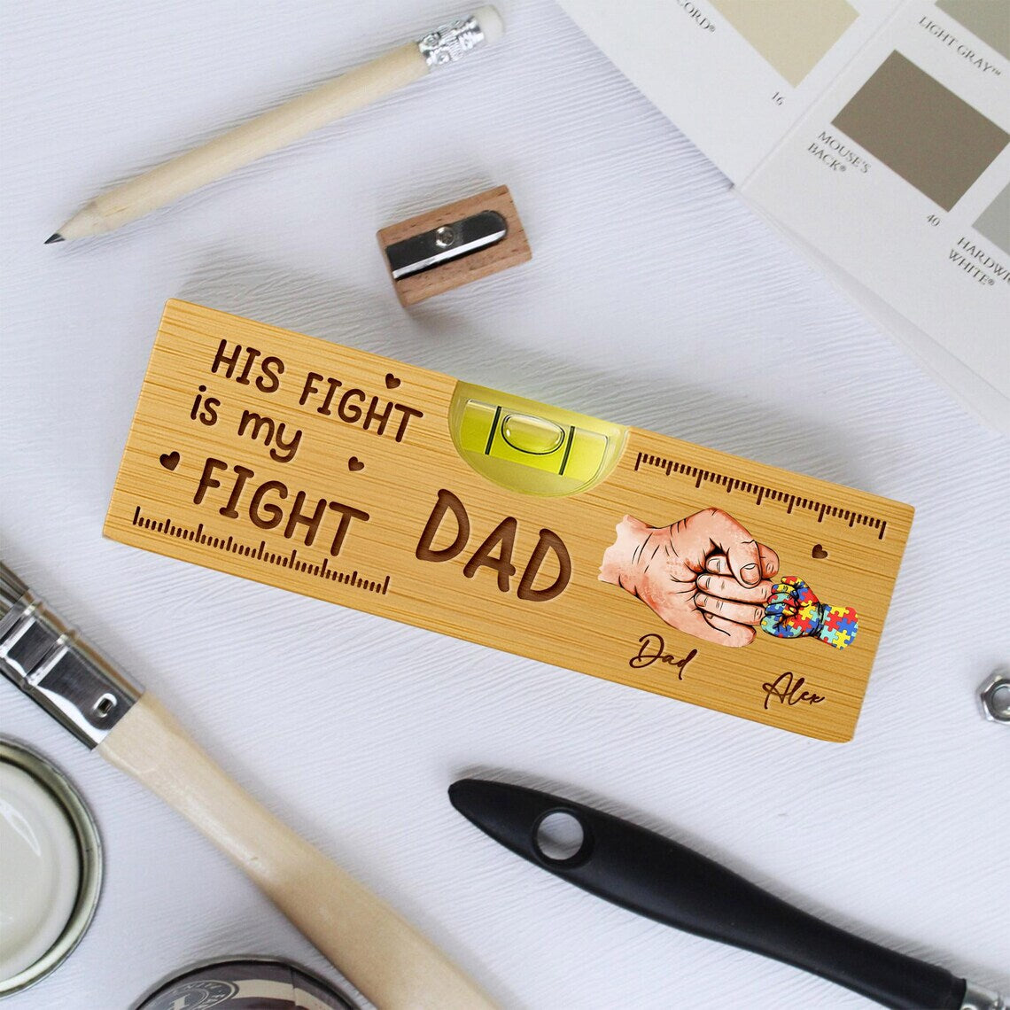Custom Autism Dad And Kid Level Tool, Custom Daddy With Autism Kid Wood Opener, Autism Awareness Gift For Dad On Father's Day