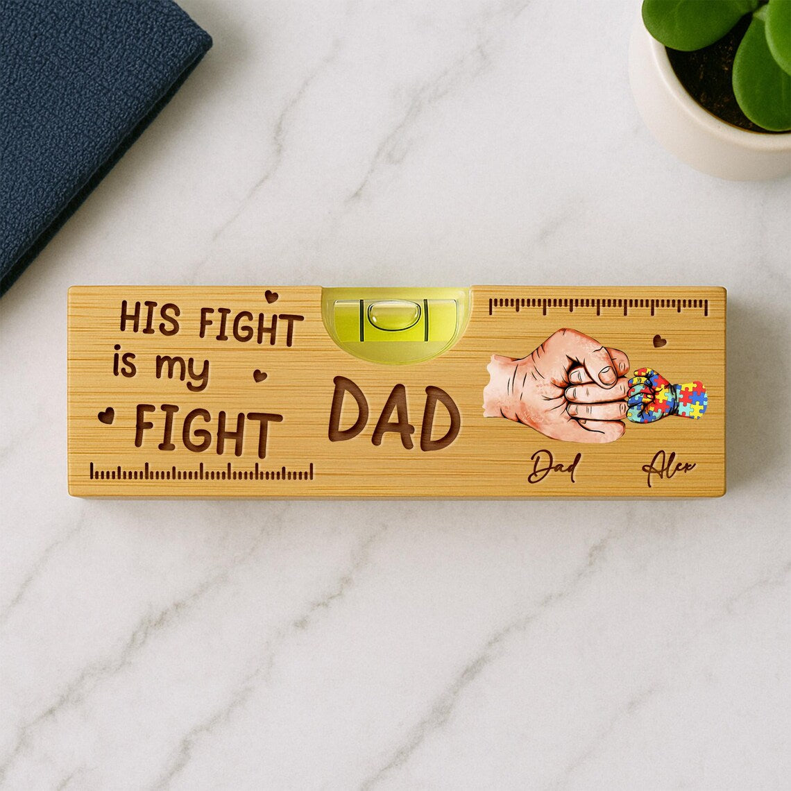 Custom Autism Dad And Kid Level Tool, Custom Daddy With Autism Kid Wood Opener, Autism Awareness Gift For Dad On Father's Day