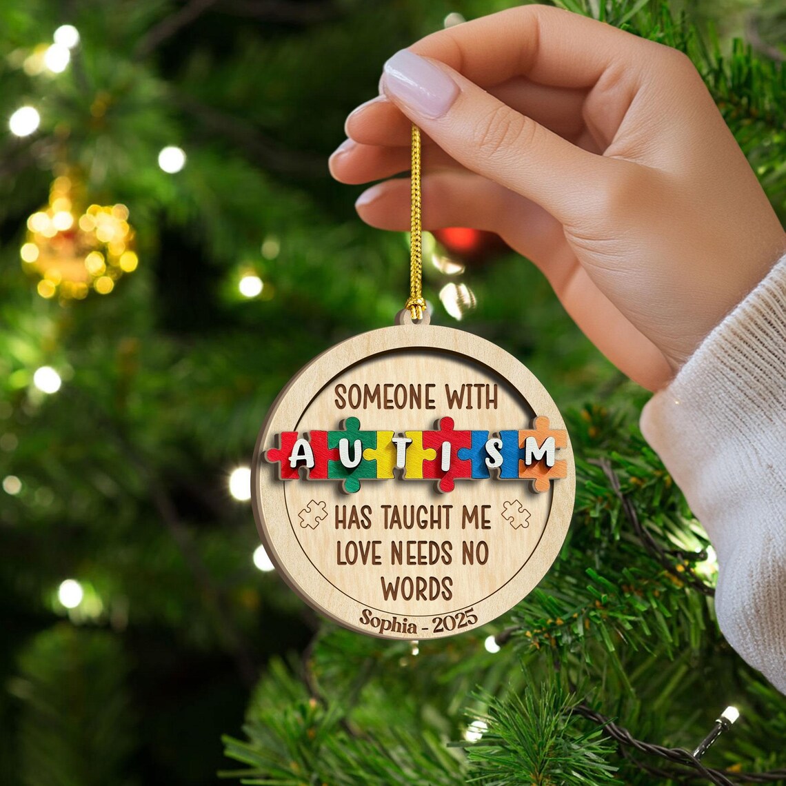 Personalized Someone With Autism Has Taught Me Love Needs No Words Christmas Ornament