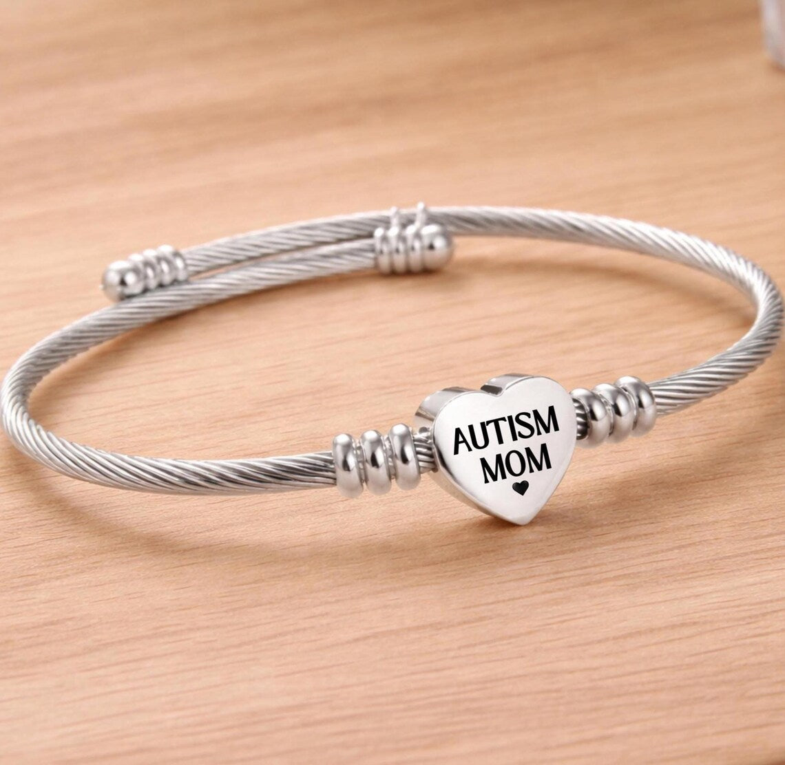 Autism Mom Cuff Bracelet – Gold Heart Bangle, Autism Awareness Jewelry