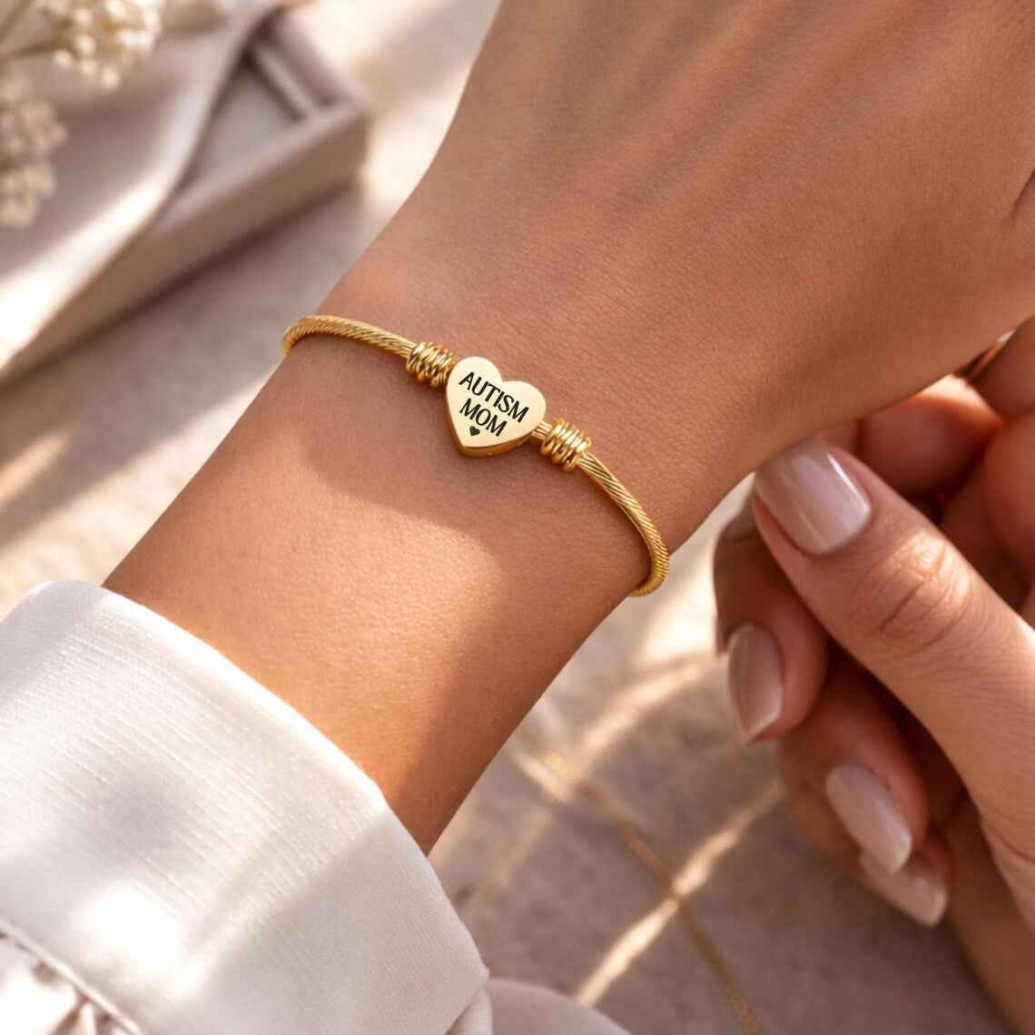 Autism Mom Cuff Bracelet – Gold Heart Bangle, Autism Awareness Jewelry