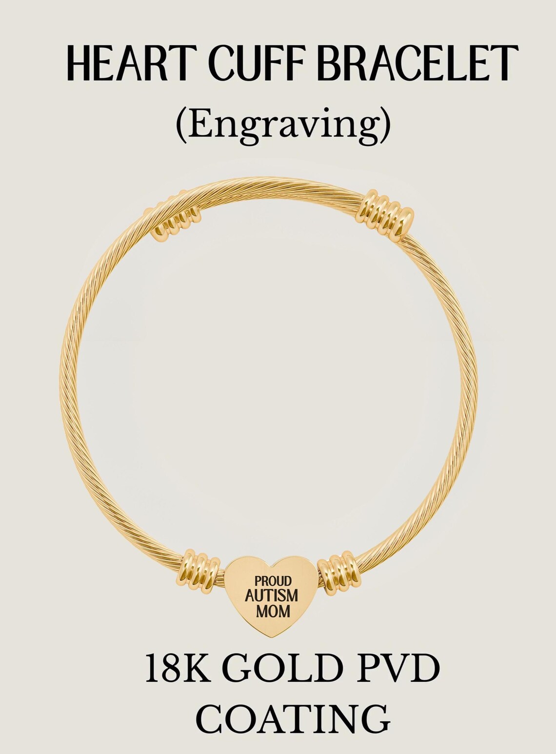 Autism Mom Cuff Bracelet – Gold Heart Bangle, Autism Awareness Jewelry