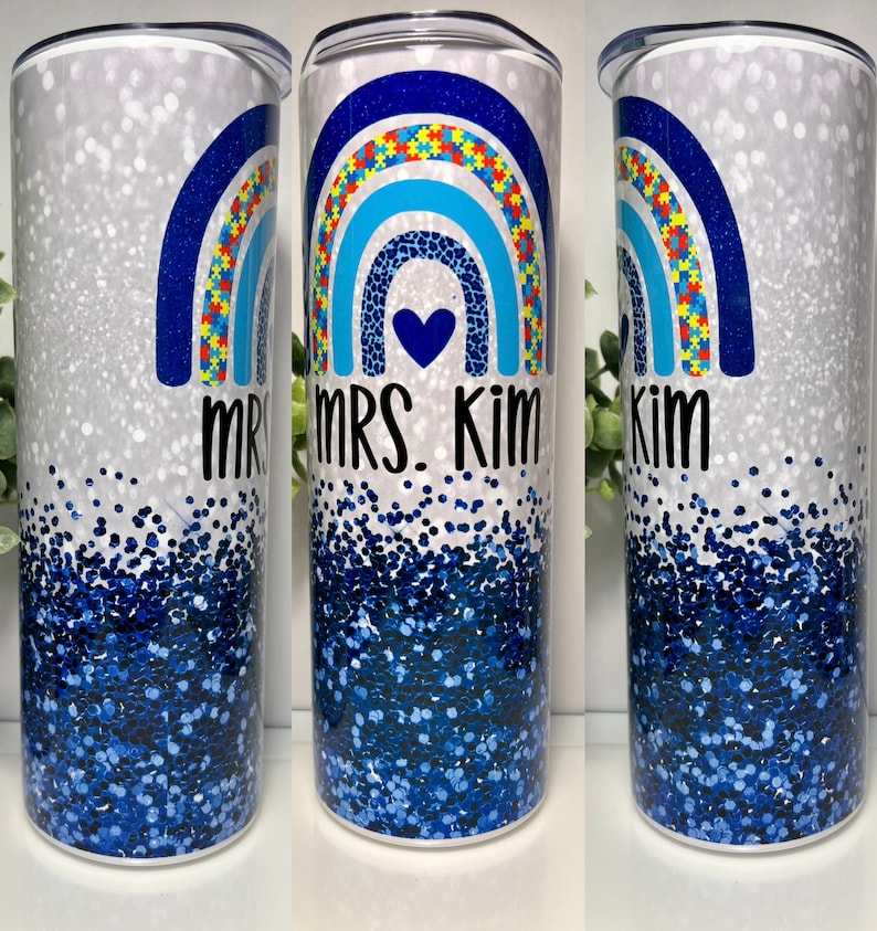 Personalized Autism Awareness Teacher Glitter-Look Boho Rainbow Tumbler, Teacher Gift