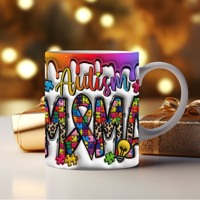 3D Mama Autism Inflated Mug Wrap, Heart Autism Puffy Mug Wrap