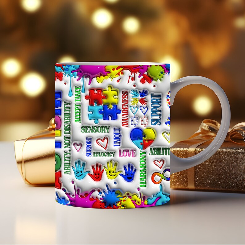 Ribbon Autism Puffy Inflated Mug Wrap