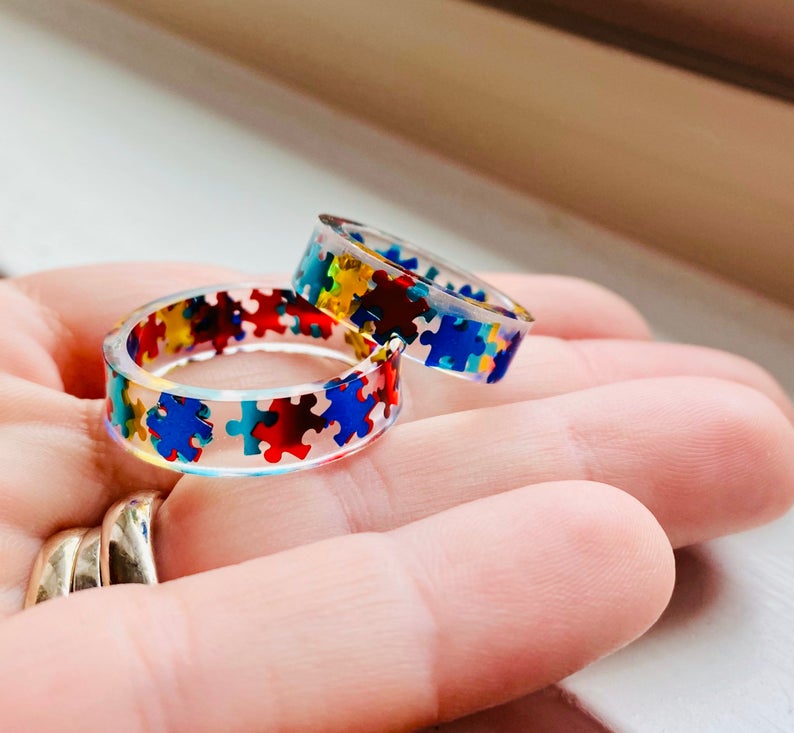 Autism Awareness Puzzle Pieces Resin Ring Jewelry