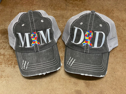 Autism Mom or Dad Ribbon Puzzle Pieces Embroidered Cap