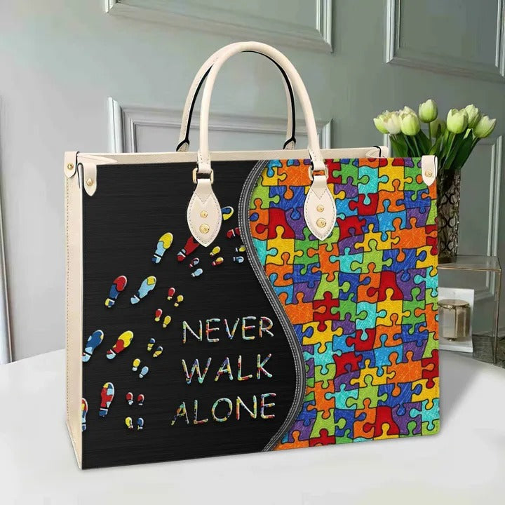 Autism Never Walk Alone Purse Tote Bag Handbag