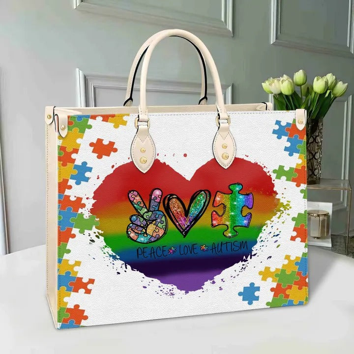 Autism Peace Love Purse Tote Bag Handbag