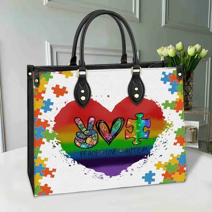 Autism Peace Love Purse Tote Bag Handbag