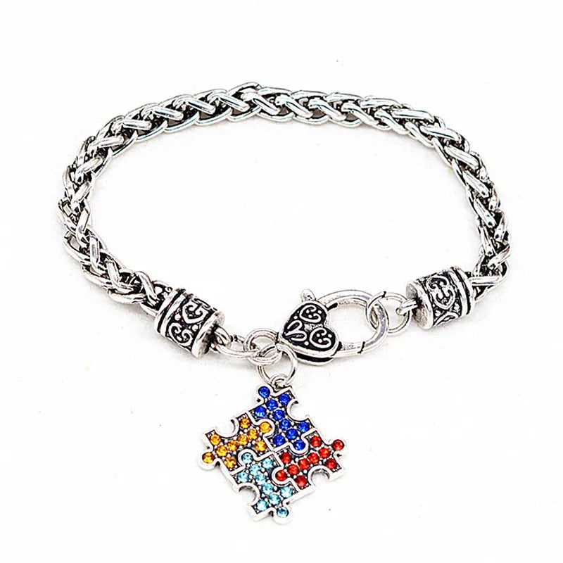 High Quality Antique Autism Hope Multi-Colored Crystal Puzzle Pendant Lobster Claw Bracelet Wristband