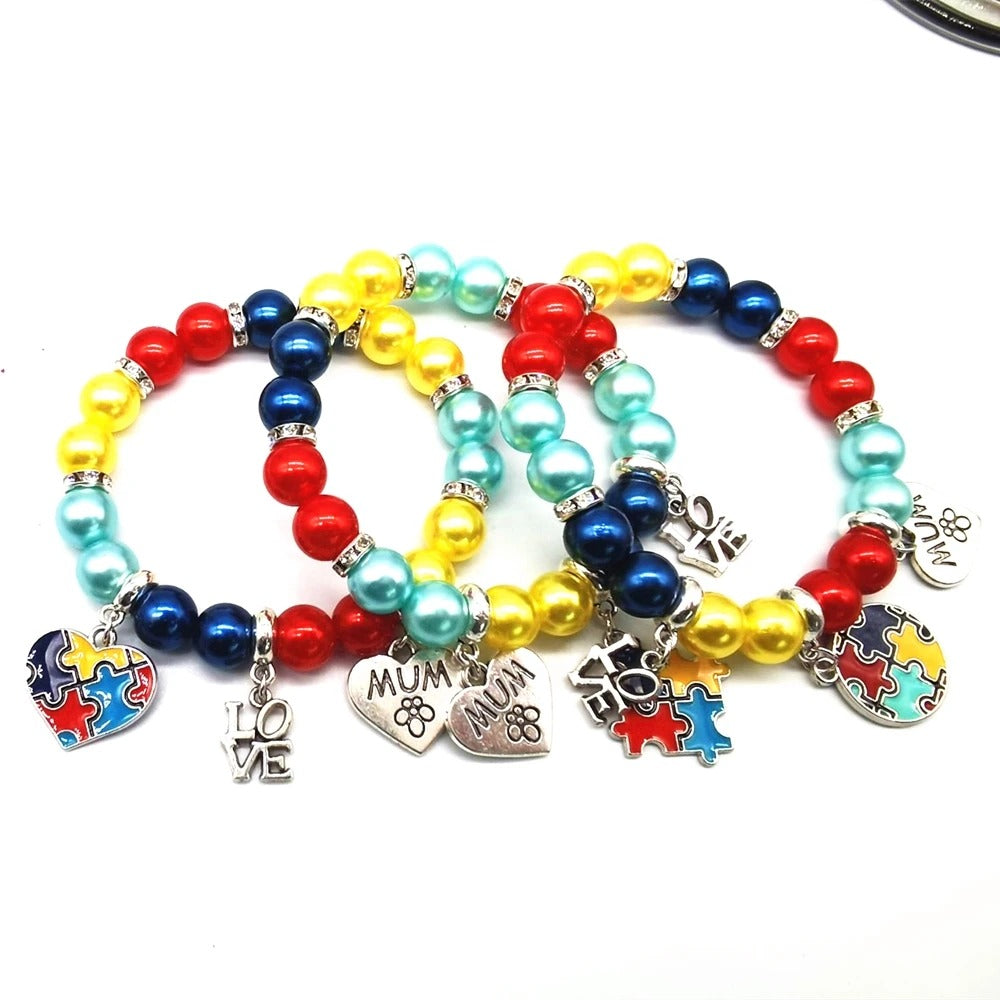 High Quality Enamel Autism Awareness Jigsaw Puzzle Piece Charm Elastic Bracelets & MUM Charm Bangle For Man Woman Jewelry