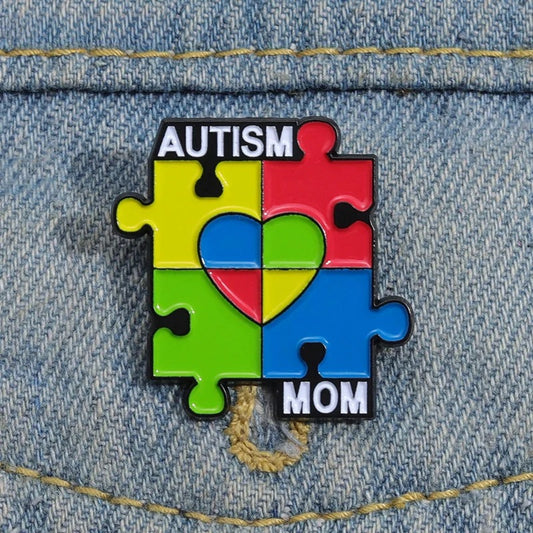 Autism Mom Enamel Pin Rainbow Puzzle Pieces Brooches Lapel Badges Autistic Kids Awareness Jewelry Gift