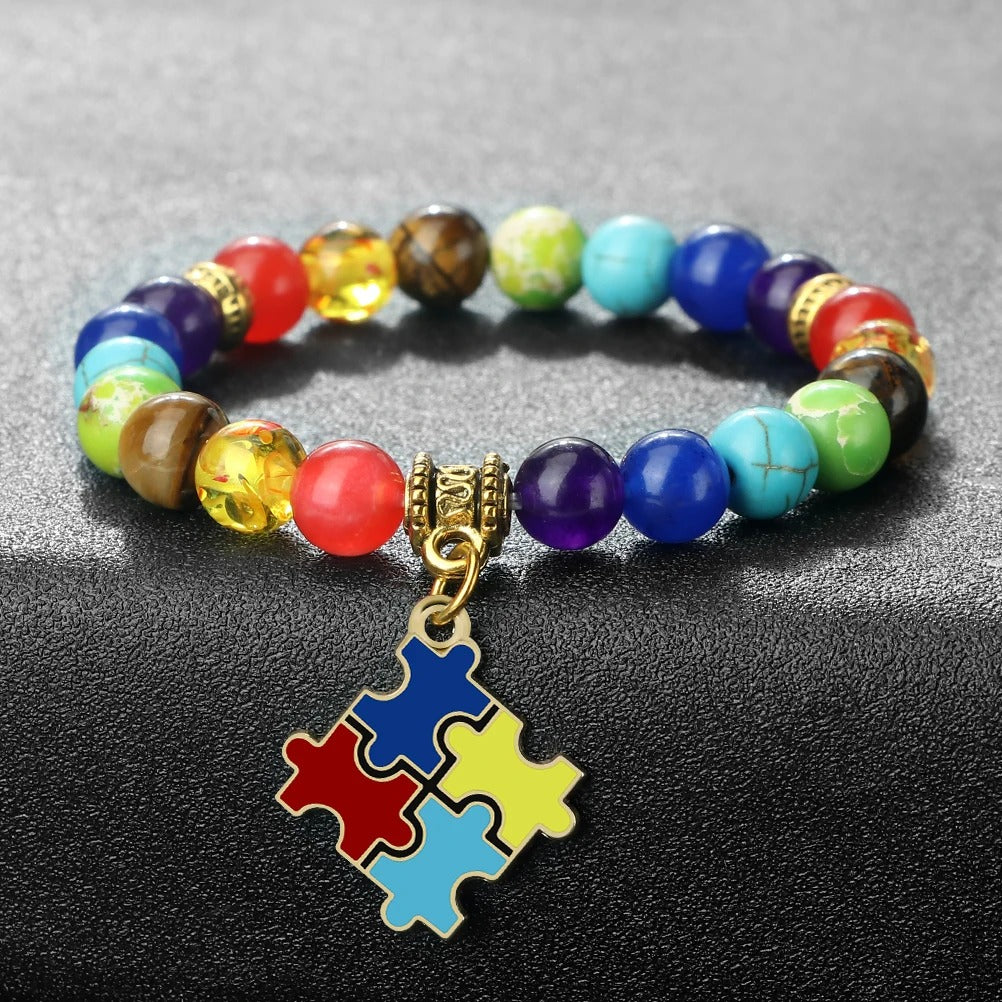 Autism Puzzle Healing Bracelet 7 Chakras Natural Stone Stretch Beaded Bracelets & Bangles Psychological Health Awareness Jewelry