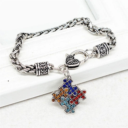 High Quality Antique Autism Hope Multi-Colored Crystal Puzzle Pendant Lobster Claw Bracelet Wristband