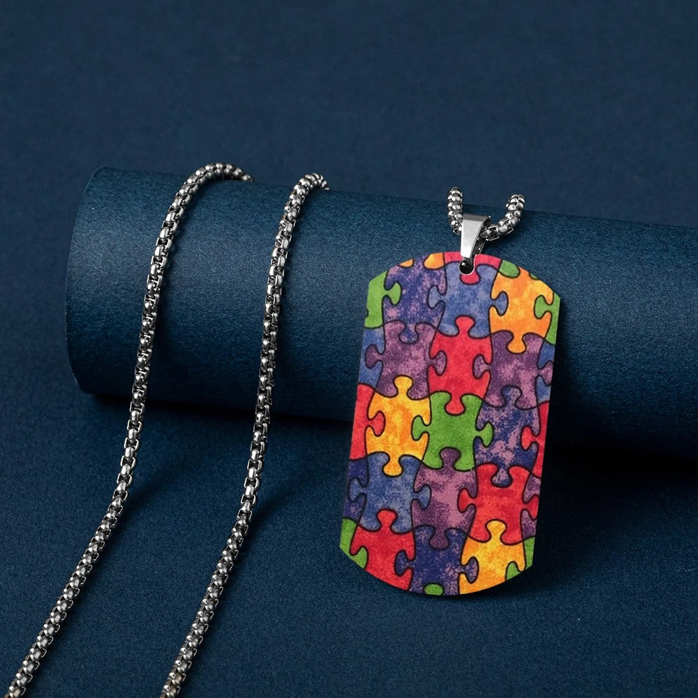 Colorful Autism Awareness Puzzle Pieces Pattern Printed Necklace Titanium Steel Women Pendant Necklace For Female Male Jewelry