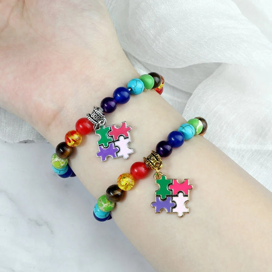 Autism Puzzle Healing Bracelet 7 Chakras Natural Stone Stretch Beaded Bracelets & Bangles Psychological Health Awareness Jewelry