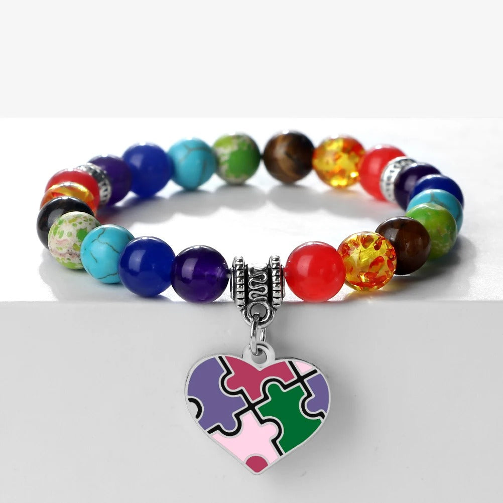 Autism Puzzle Healing Bracelet 7 Chakras Natural Stone Stretch Beaded Bracelets & Bangles Psychological Health Awareness Jewelry