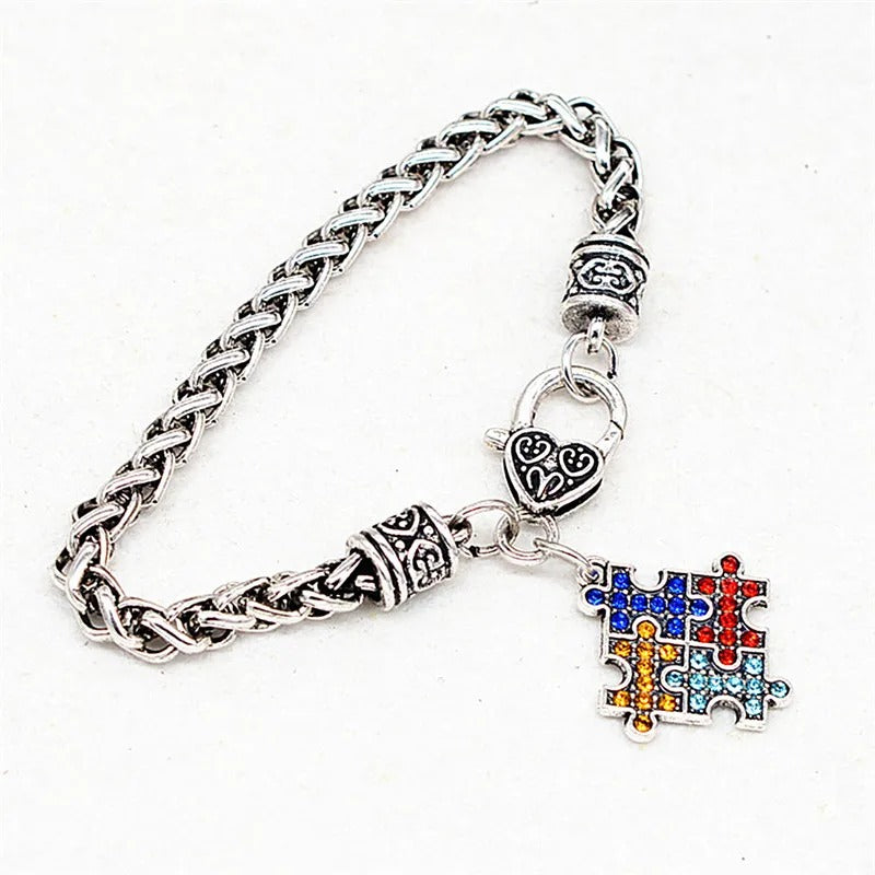 High Quality Antique Autism Hope Multi-Colored Crystal Puzzle Pendant Lobster Claw Bracelet Wristband