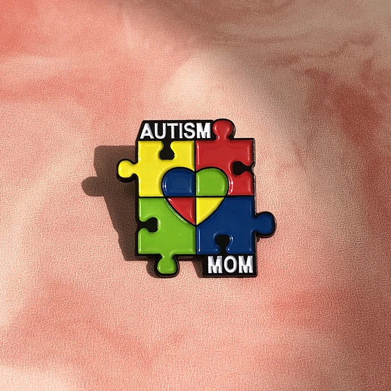 Autism Mom Enamel Pin Rainbow Puzzle Pieces Brooches Lapel Badges Autistic Kids Awareness Jewelry Gift