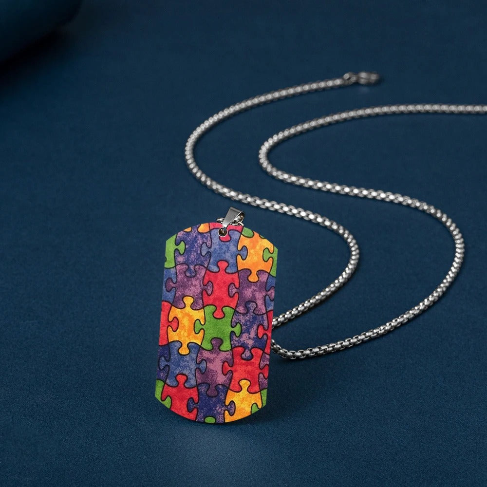 Colorful Autism Awareness Puzzle Pieces Pattern Printed Necklace Titanium Steel Women Pendant Necklace For Female Male Jewelry