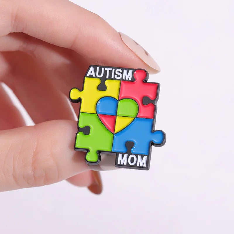 Autism Mom Enamel Pin Rainbow Puzzle Pieces Brooches Lapel Badges Autistic Kids Awareness Jewelry Gift