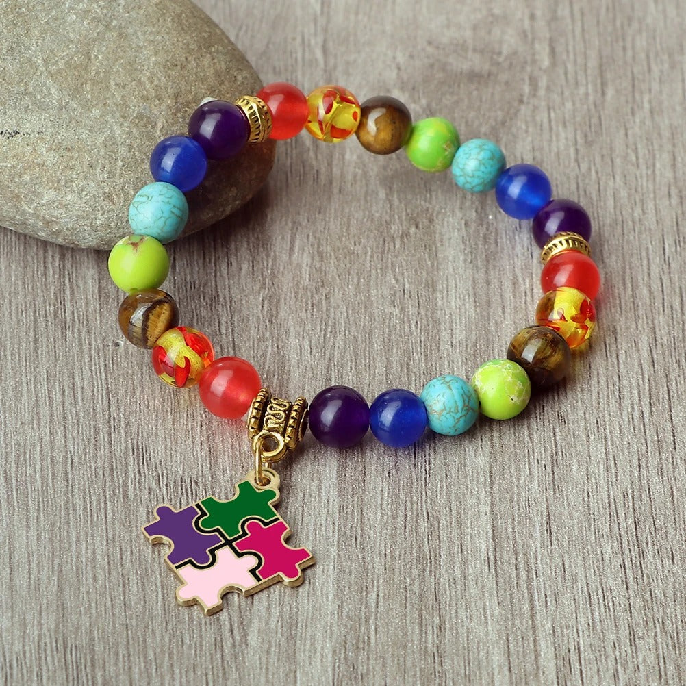 Autism Puzzle Healing Bracelet 7 Chakras Natural Stone Stretch Beaded Bracelets & Bangles Psychological Health Awareness Jewelry