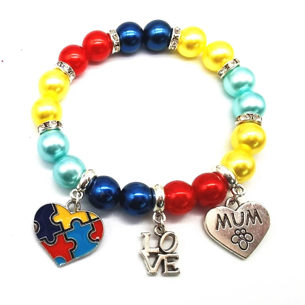 High Quality Enamel Autism Awareness Jigsaw Puzzle Piece Charm Elastic Bracelets & MUM Charm Bangle For Man Woman Jewelry