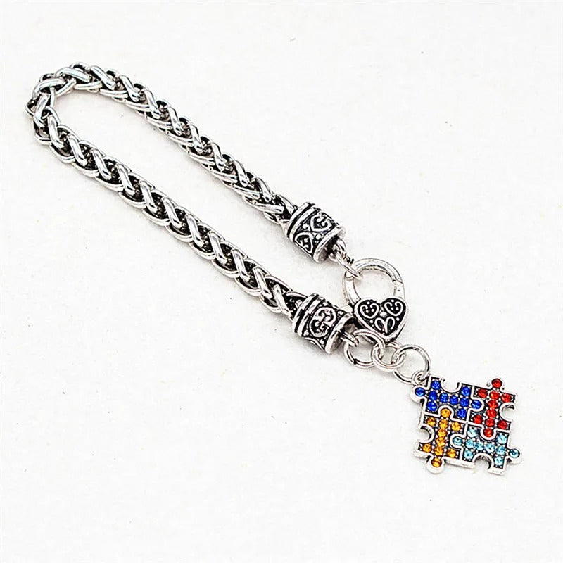 High Quality Antique Autism Hope Multi-Colored Crystal Puzzle Pendant Lobster Claw Bracelet Wristband