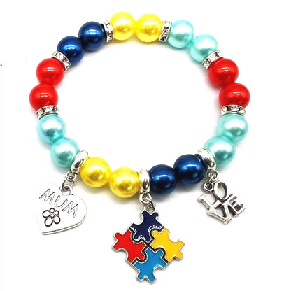 High Quality Enamel Autism Awareness Jigsaw Puzzle Piece Charm Elastic Bracelets & MUM Charm Bangle For Man Woman Jewelry