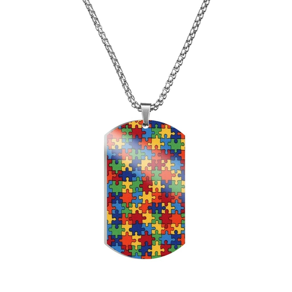 Colorful Autism Awareness Puzzle Pieces Pattern Printed Necklace Titanium Steel Women Pendant Necklace For Female Male Jewelry