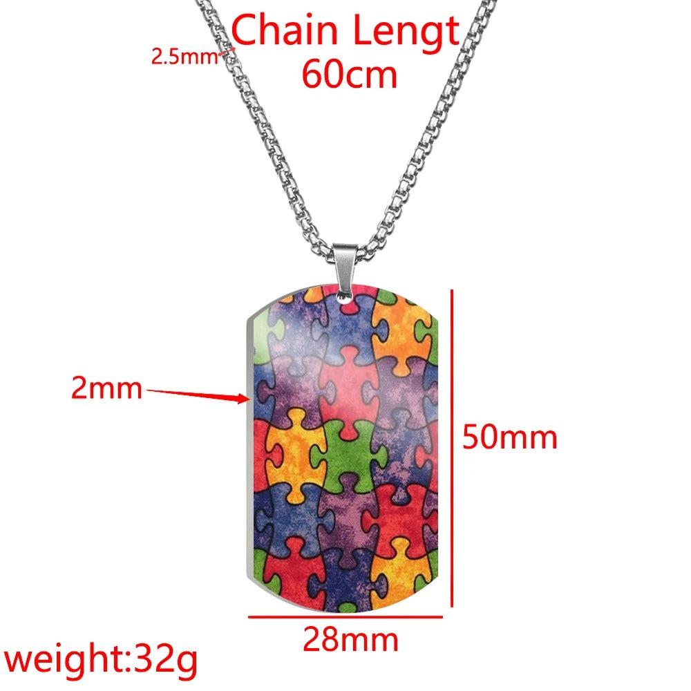 Colorful Autism Awareness Puzzle Pieces Pattern Printed Necklace Titanium Steel Women Pendant Necklace For Female Male Jewelry