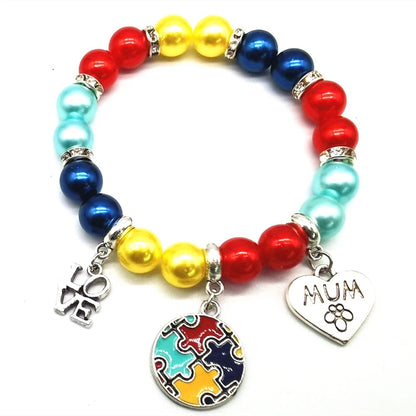 High Quality Enamel Autism Awareness Jigsaw Puzzle Piece Charm Elastic Bracelets & MUM Charm Bangle For Man Woman Jewelry